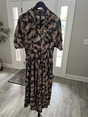 VINTAGE Norma Kamali Black Midi Feather Print Dress Sz 12 LIKE NEW